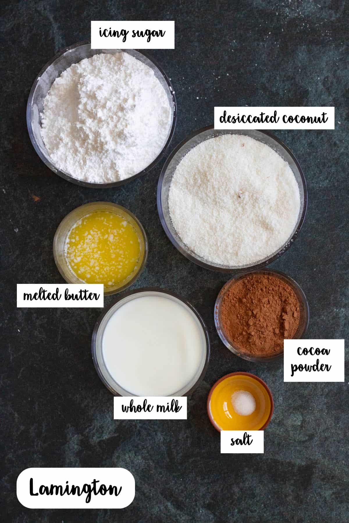 Ingredient shot of ingredients to make Lamington.