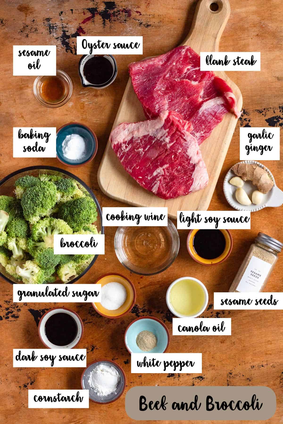 Ingredient shot of ingredients to make beef and broccoli recipe.
