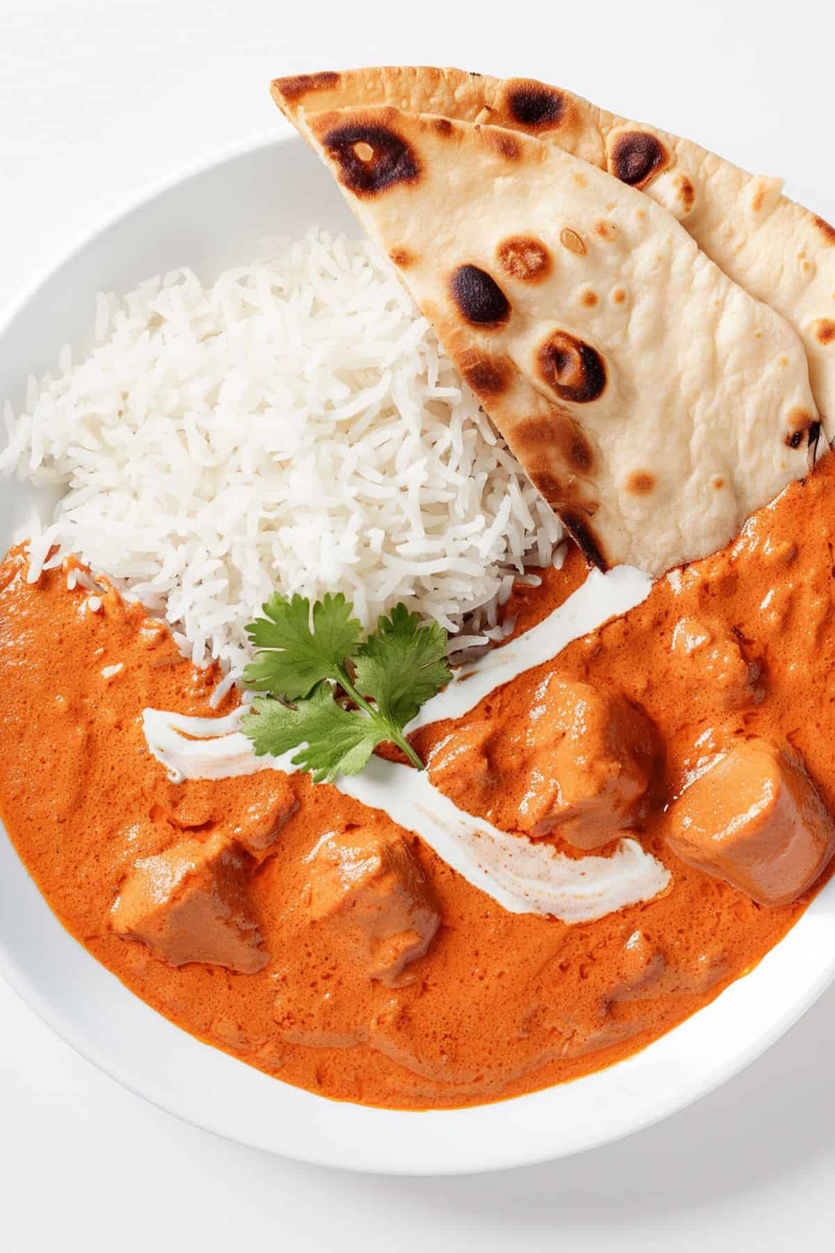 A plate of creamy butter chicken served with basmati rice and warm naan bread.