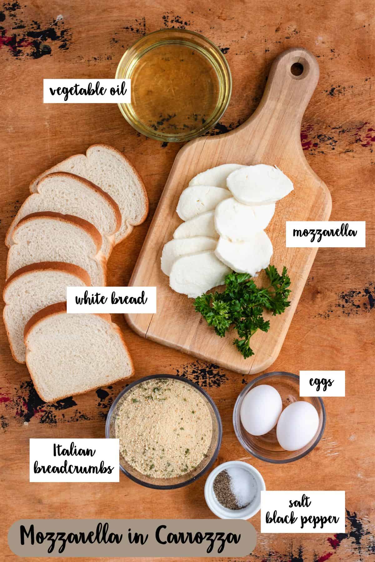 Ingredient shot of ingredients to make Mozzarella in Carrozza.