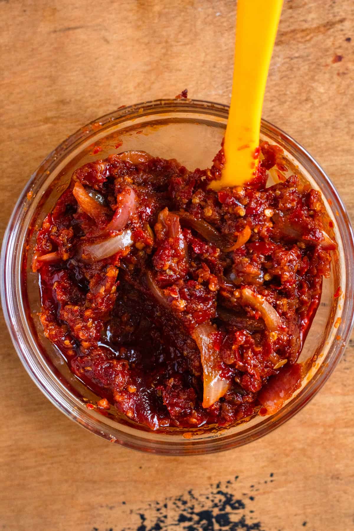 A bowl filled with freshly cooked sambal.