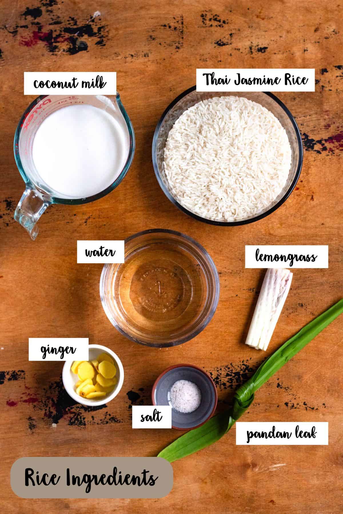 Ingredient shot of ingredients to make rice for Nasi Lemak.