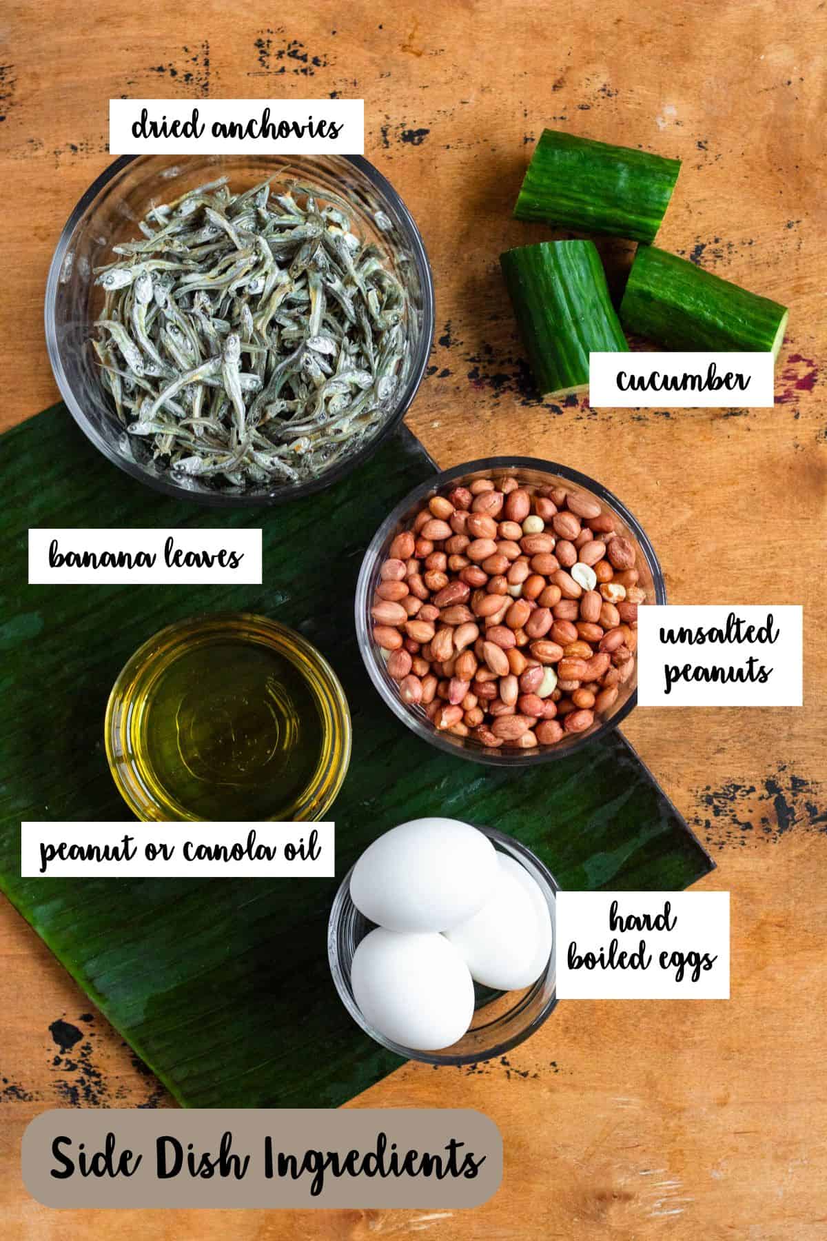 Ingredient shot of ingredients to make side dish for Nasi Lemak.