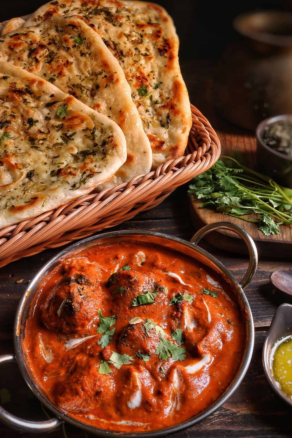 A bowl of rich, creamy tikka masala garnished, served with garlic naan bread on the side.