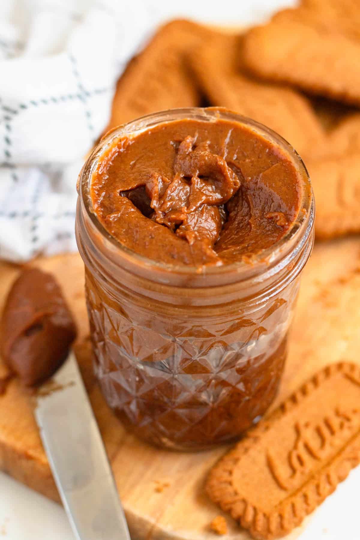 A jar of rich, creamy cookie butter.