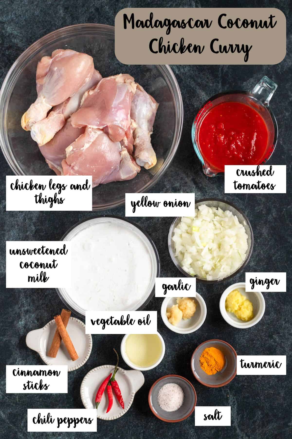 Ingredient shot of ingredients to make Coconut Curry Chicken.