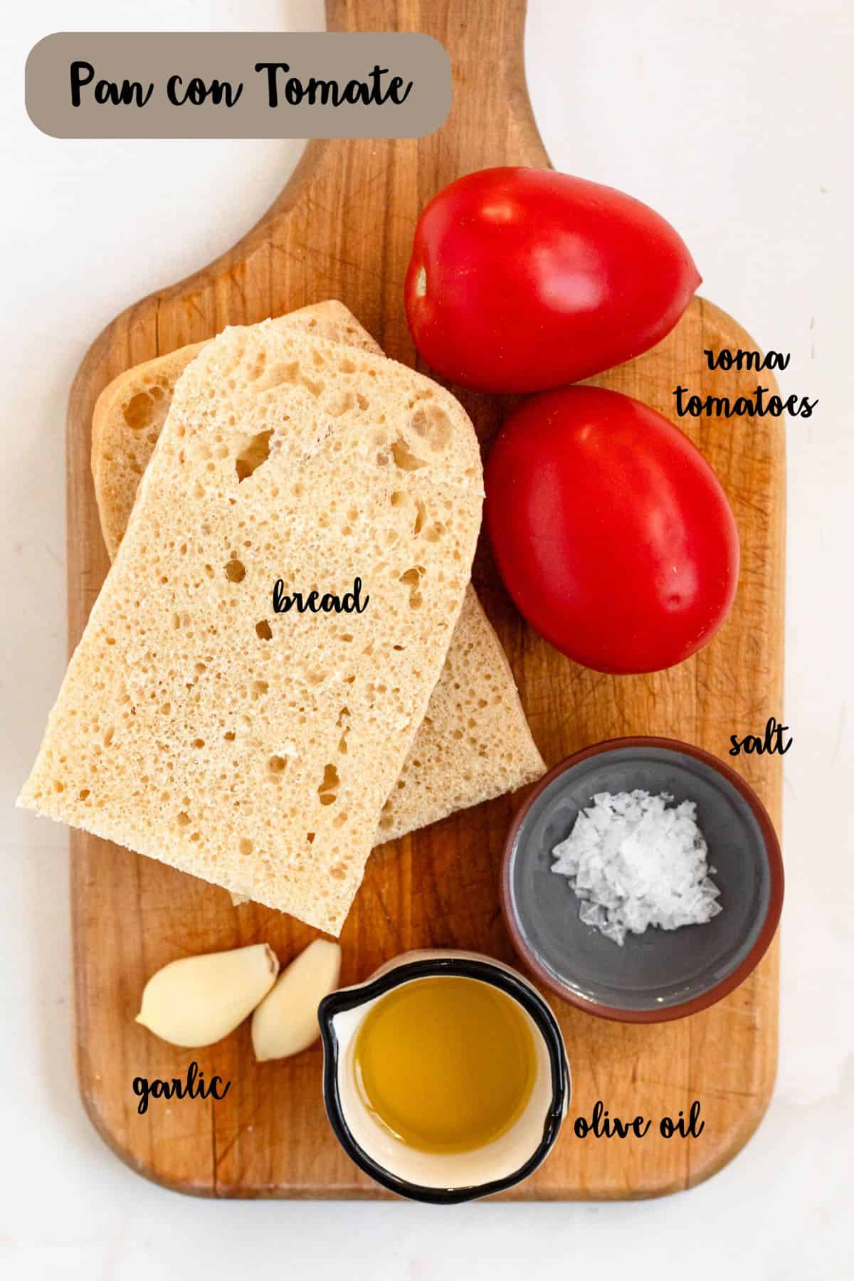 Ingredient shot of ingredients to make Pan con Tomate.
