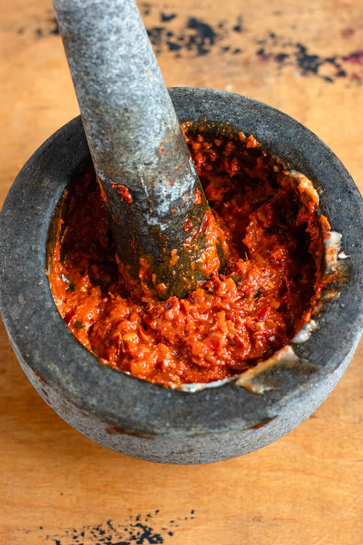 Curry paste freshly ground in a mortar and pestle.