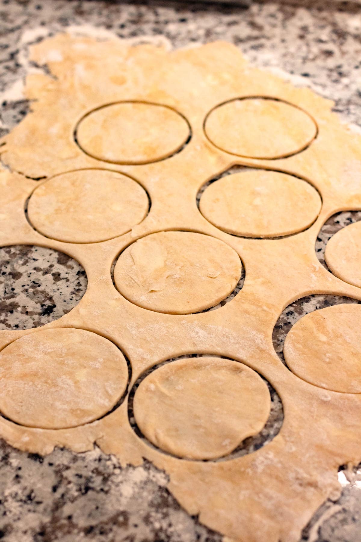 Rolled-out dough cut into twelve 4-inch circles using a cookie cutter.