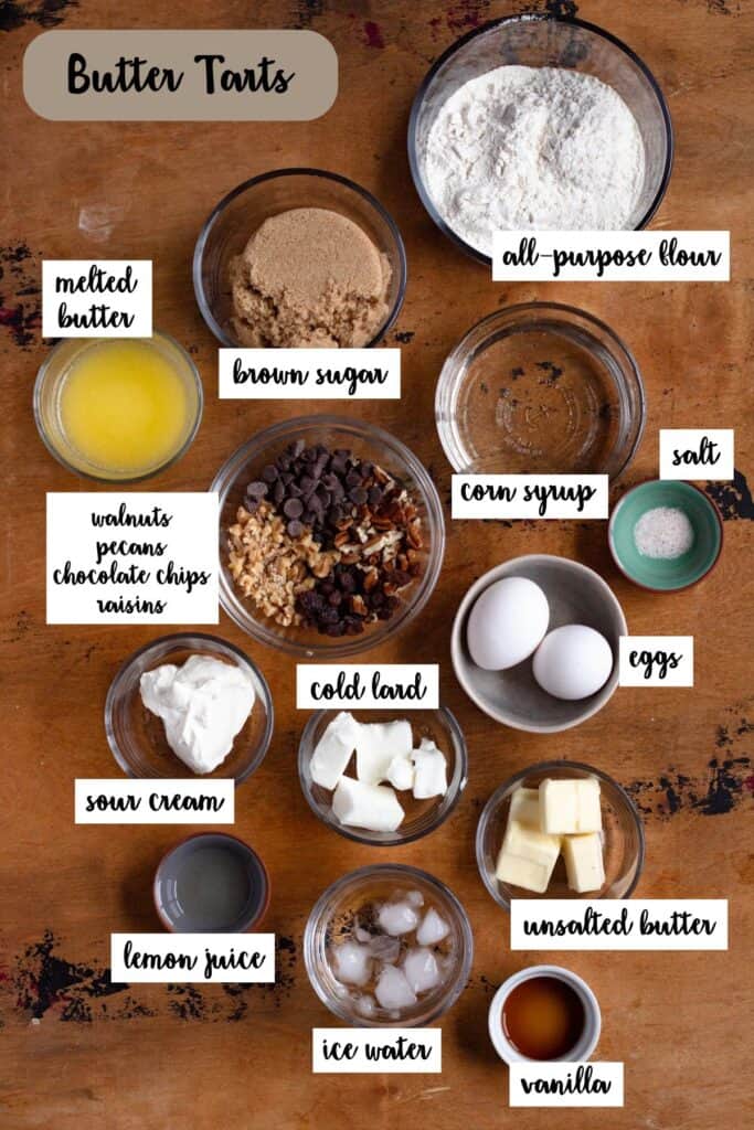 Ingredient shot of ingredients to make Authentic Canadian Butter Tart.
