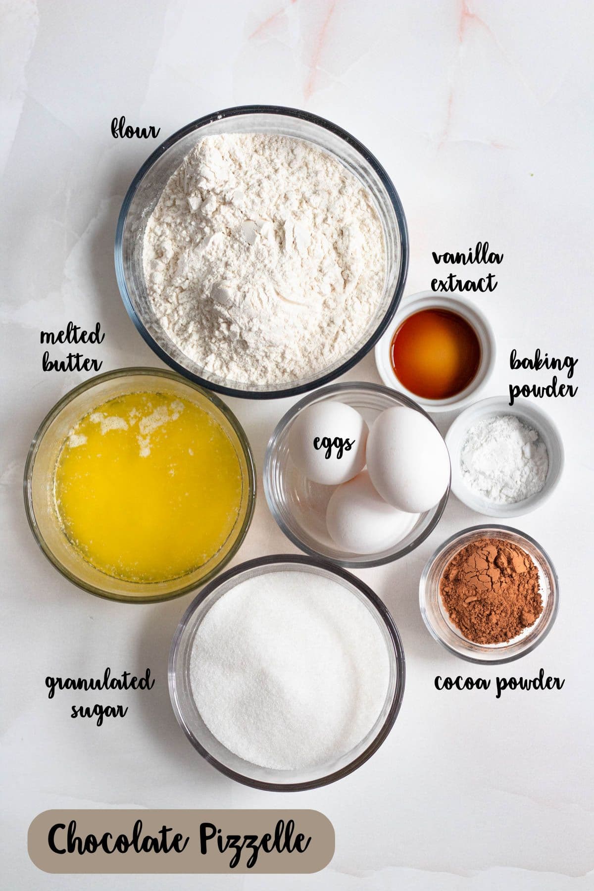 Ingredient shot of ingredients to make Chocolate Pizzelle.