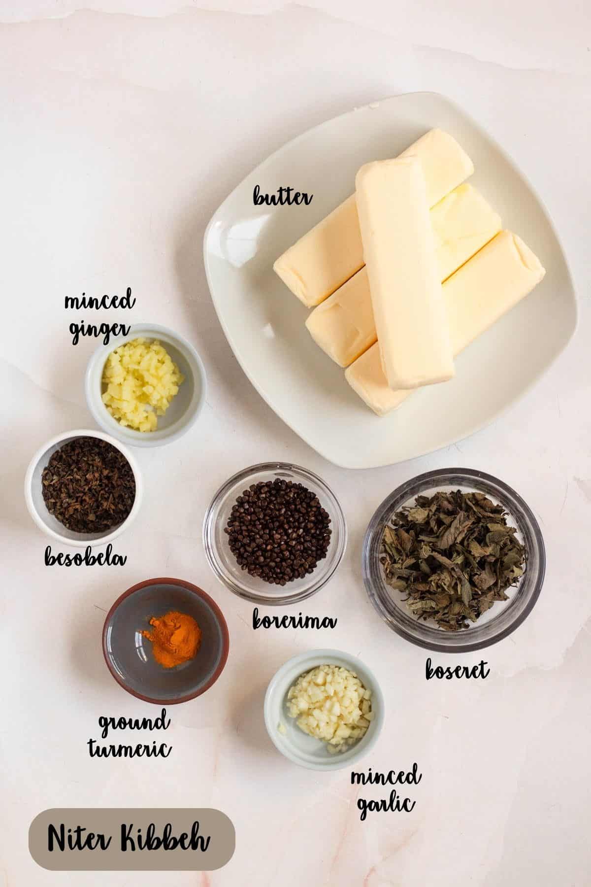 Ingredient shot of ingredients to make Niter Kibbeh.