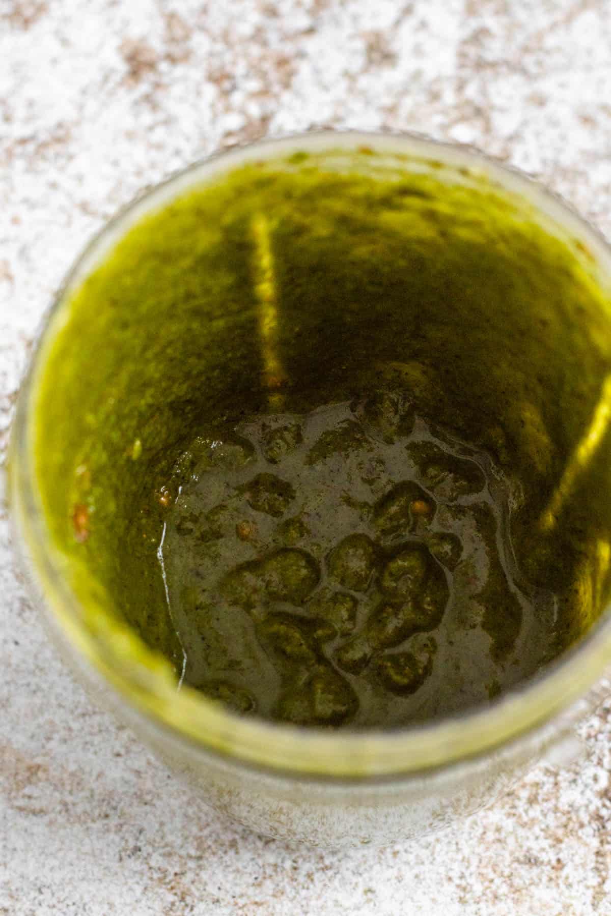 Pistachio Pesto sauce in a blender.