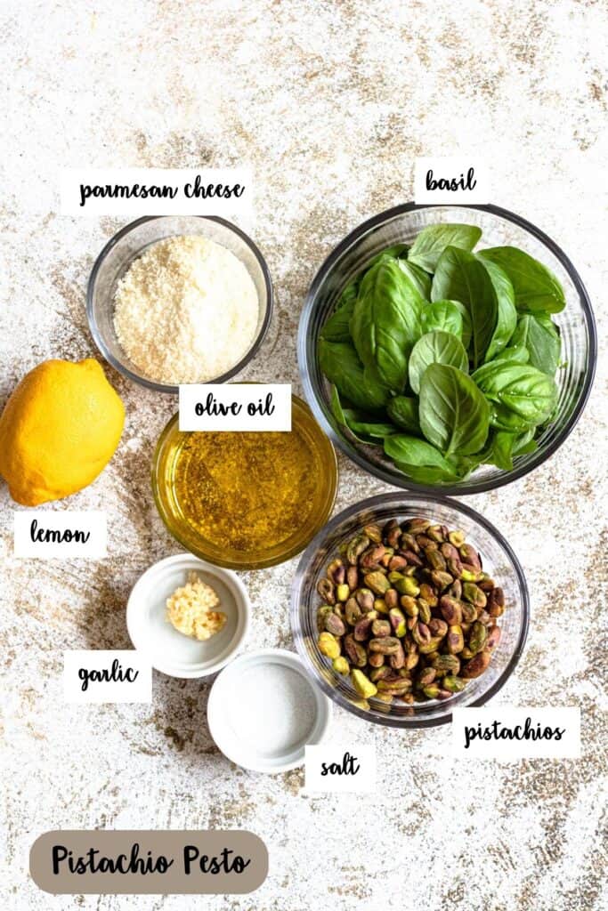 Ingredient shot of ingredients to make Pistachio Pesto.