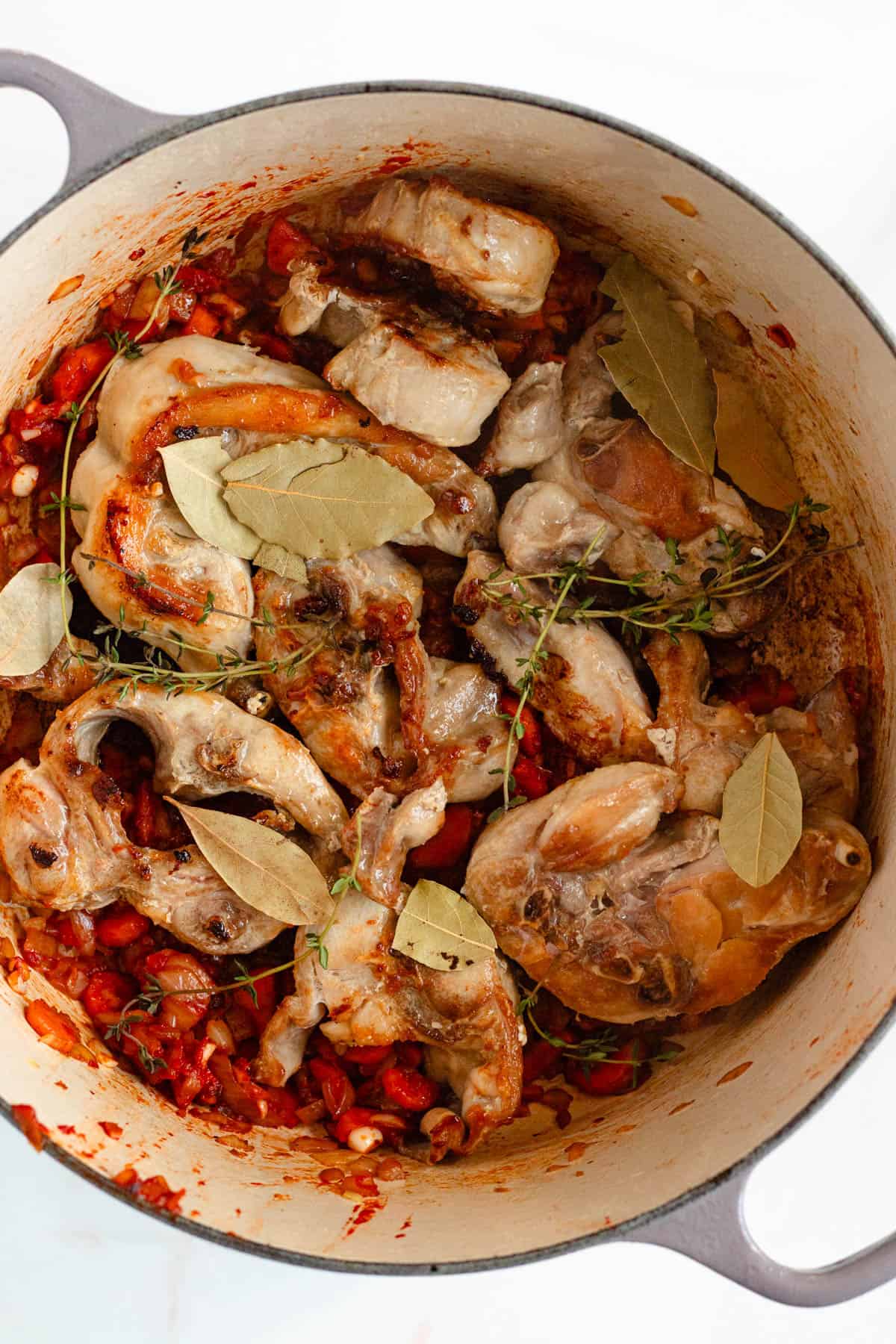 Rabbit pieces in a Dutch oven with seasonings and fresh thyme sprigs scattered over the top.