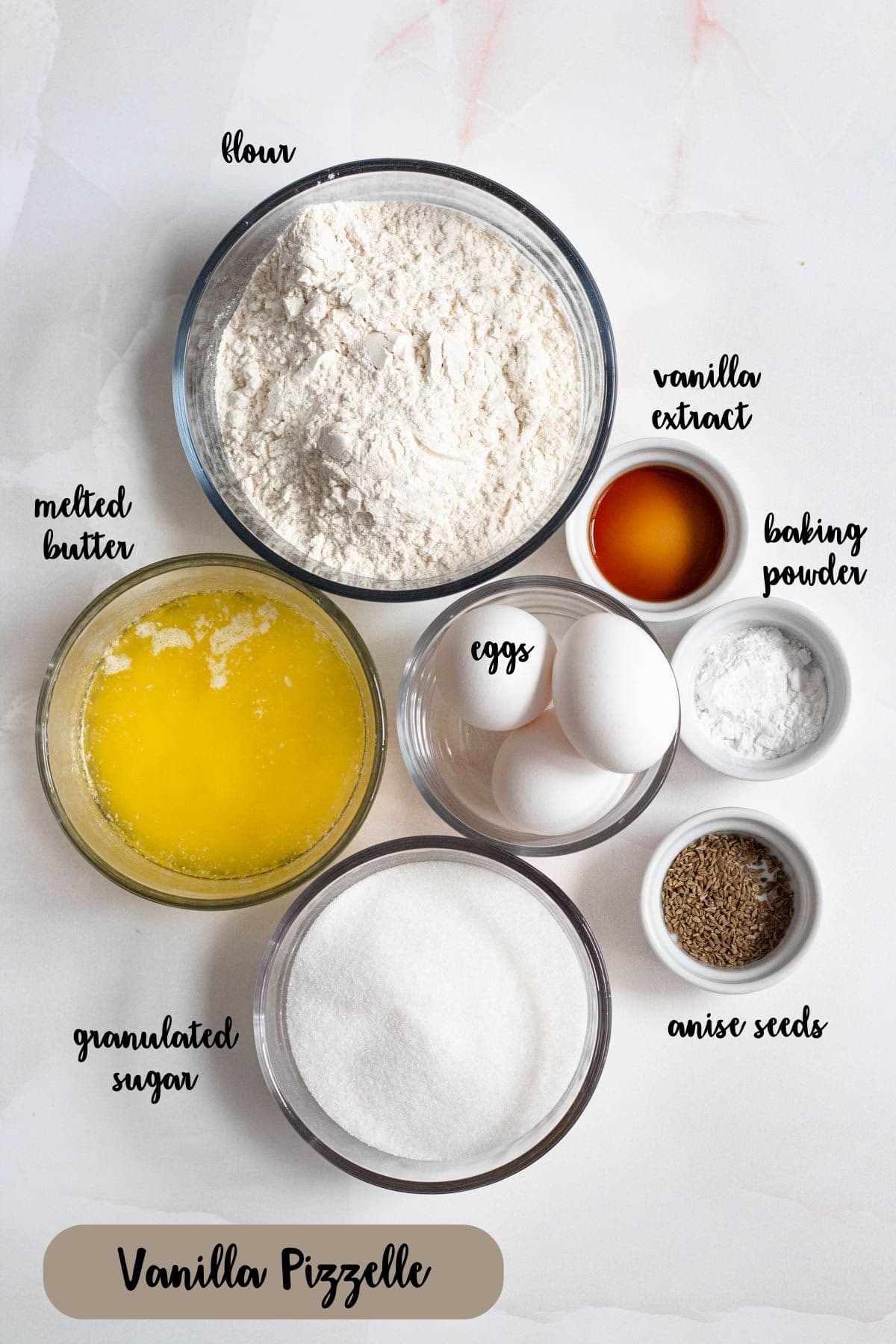 Ingredient shot of ingredients to make Vanilla Pizzelle.