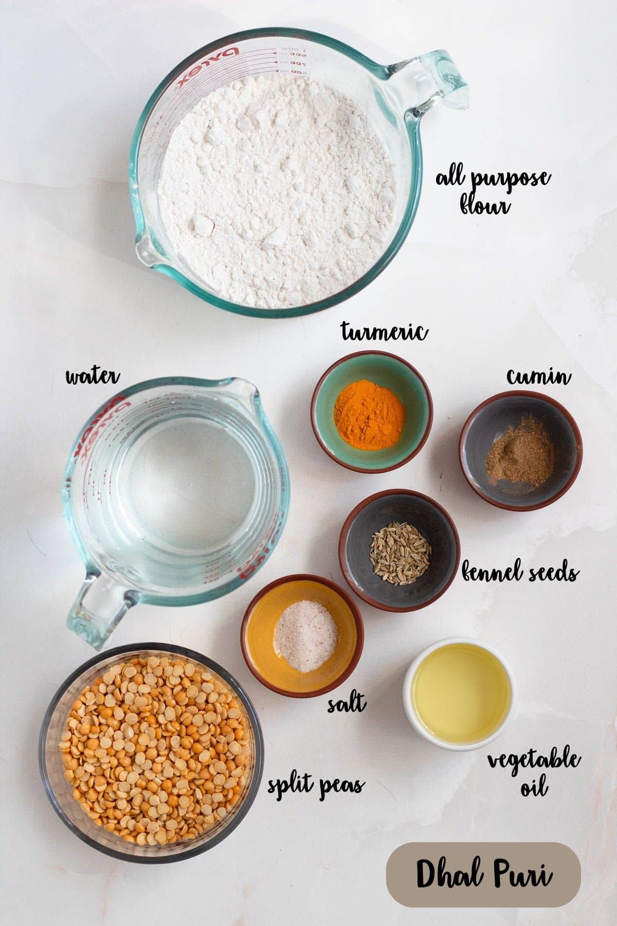 Ingredient shot of ingredients to make Dhal Puri (Soft Split Pea Flatbread).