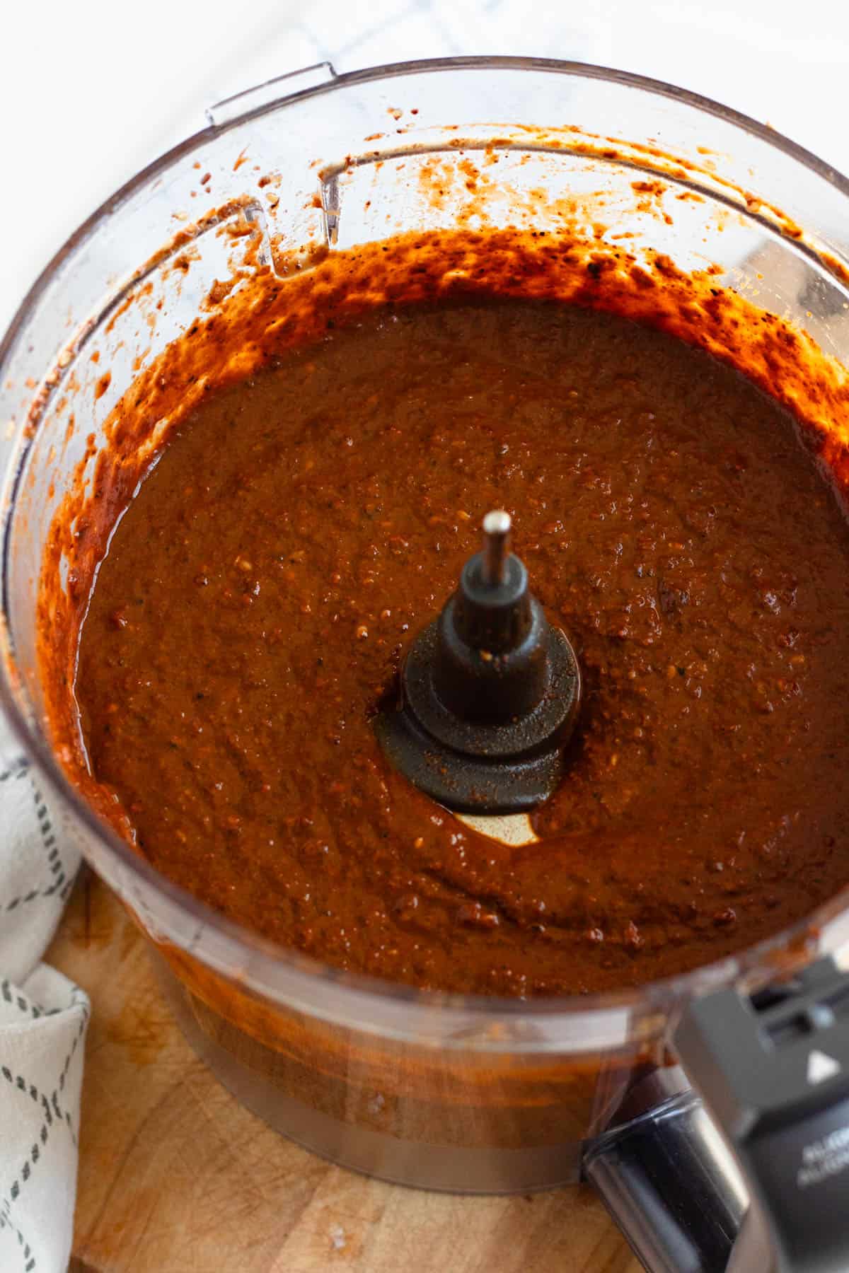 Blended mole sauce in a food processor.