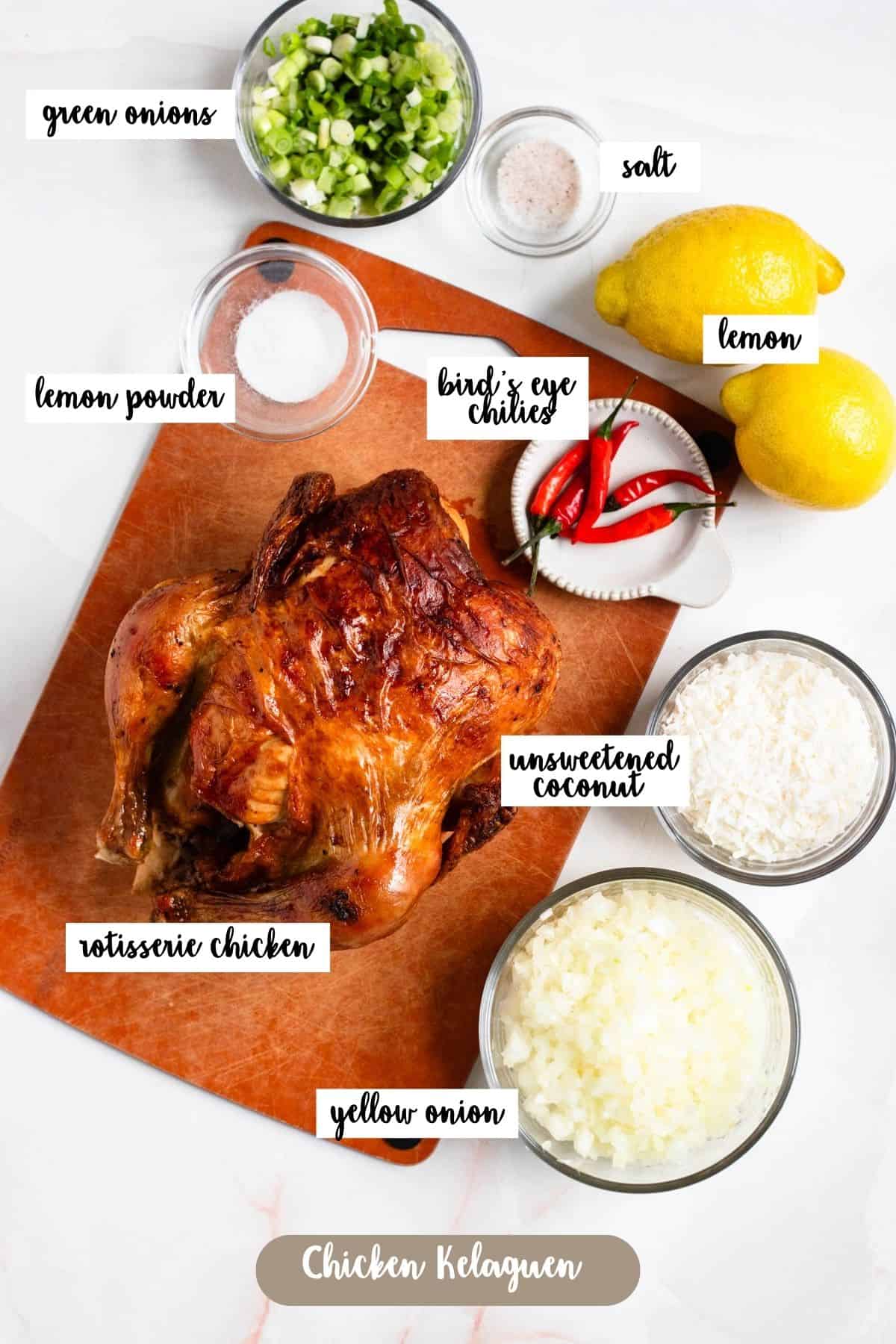 Ingredients for Chicken Kelaguen, including rotisserie chicken, lemon, green onions, chilies, coconut, and more.