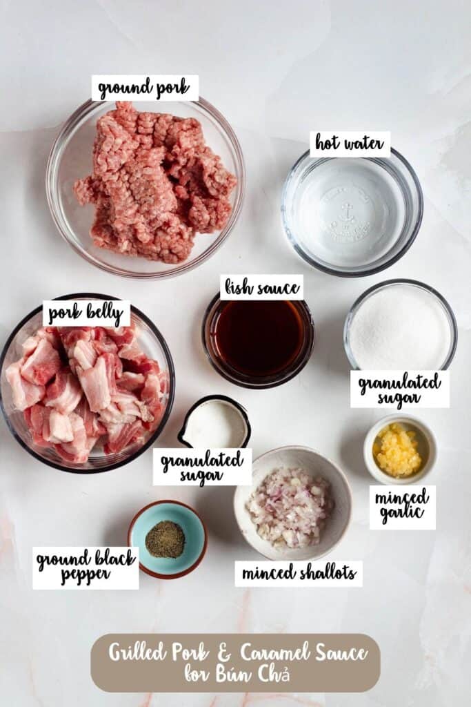 Labeled ingredient shot for grilled pork and caramel sauce for Bun Cha