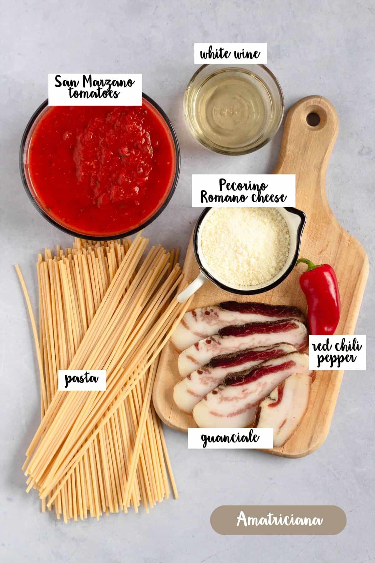 Ingredients for Bucatini all’Amatriciana, including guanciale, San Marzano tomatoes, pasta, Pecorino Romano, white wine, and red chili pepper.