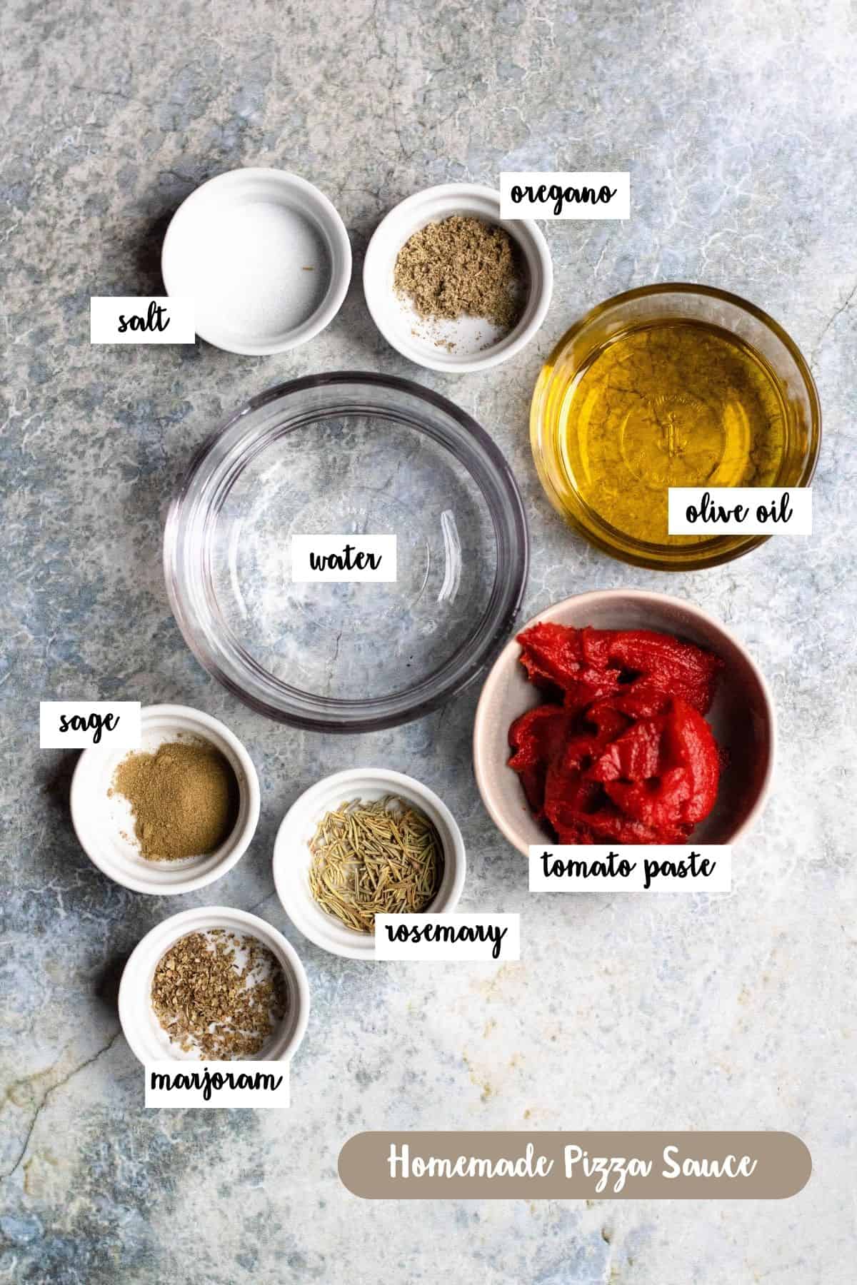 Ingredients for homemade pizza sauce, including tomato paste, olive oil, water, dried herbs, and salt.