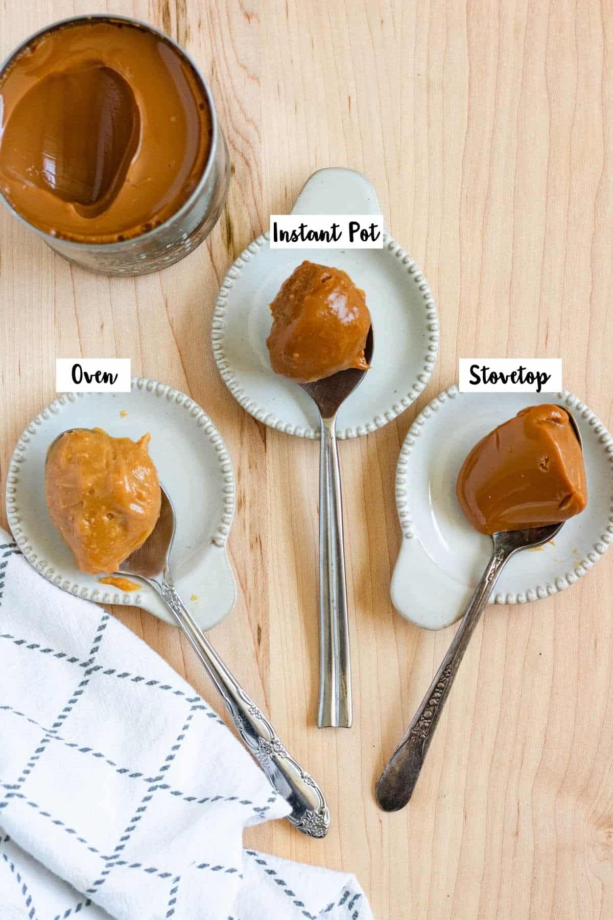 Different batches of homemade dulce de leche compared on spoons.