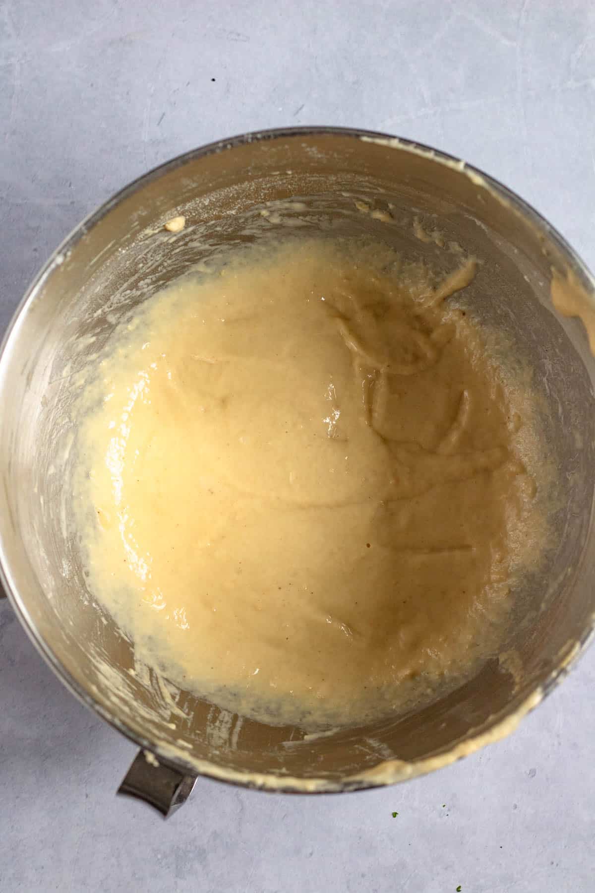 Smooth spaetzle batter mixed until glossy and slightly elastic.